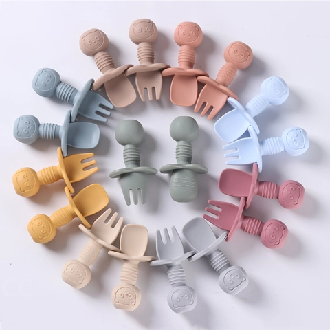 Silicone Baby Spoon And Fork Utensil With Safety Guard Anti Choking Training Feeding Cartoon Panda Design For Toddler