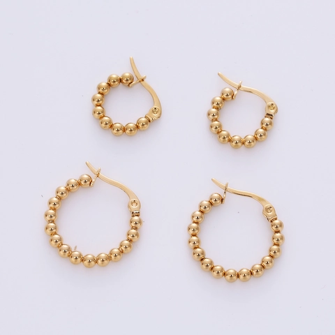 Beaded Hoop Earrings 316L Stainless Steel 18K Gold Plated Textured Ball Beads Fashion Jewelry For Women