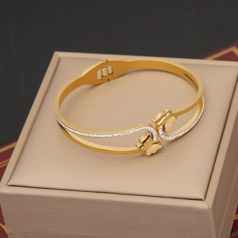 Vlinder Boze Oog Klaver Roestvrij Stalen Armband Voor Dames Verguld Zirkoon Ingelegd Retro Holle Manchet Sieraden