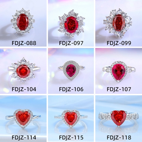 Luxury 925 Sterling Silver Ring For Women Red Rhinestone Heart Oval Flower Style Engagement Wedding Party Jewelry Gift