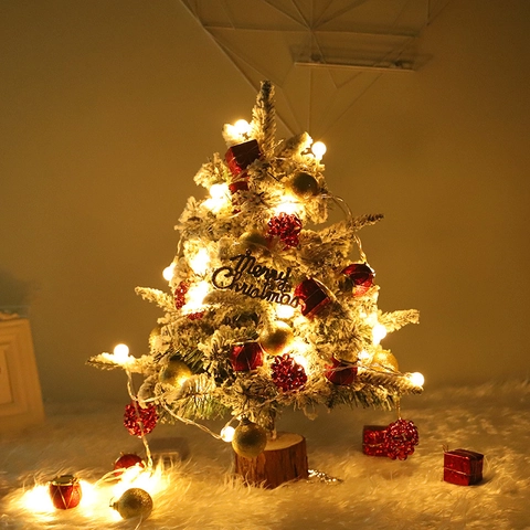 Mini Christmas Tree Desktop Ornament PE Flocked Snow Effect With LED String Lights Wood Base Artificial Xmas Decoration