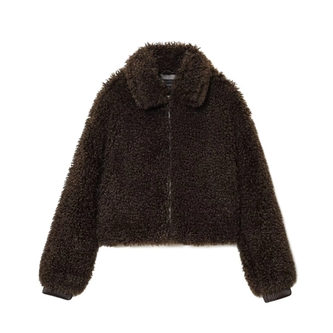 Chaqueta De Cremallera De Borreguillo Sintético Para Mujer Forro Polar Teddy Color Sólido Corte Holgado Cuello Solapa