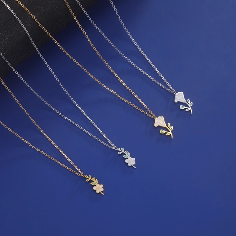 Stainless Steel 12 Birth Month Flower Pendant Necklace Gold Silver Enamel Floral Necklace For Women Fashion Jewelry Gift