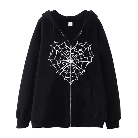 Zip Up Hoodie Spider Web Heart Print Gothic Streetwear Sweatshirt Long Sleeve Drawstring Pocket Men Women