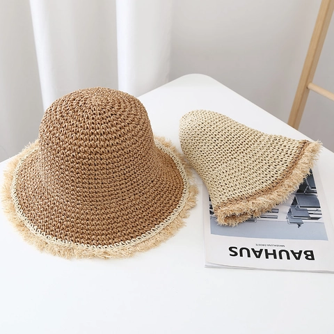 Chapeau Cloche En Paille Bord Large Frangé Pliable Protection Solaire Été Plage Vacances Décontracté Femmes Respirant