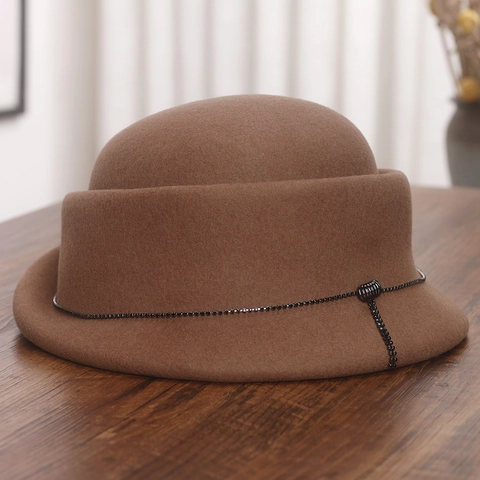 French Retro Wool Blend Cloche Hat For Women Autumn Winter Elegant Curled Rim Fedora Hat With Rhinestone Chain Decoration Bucket Hat