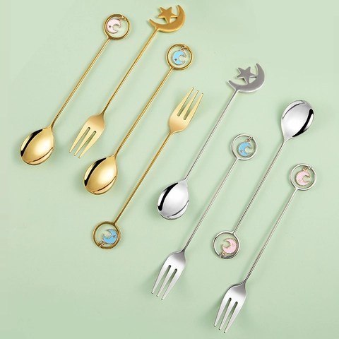 Creative 304 Stainless Steel Spoon And Fork Star Moon Charm Dessert Cake Fruit Coffee Stirrer Mirror Polished
