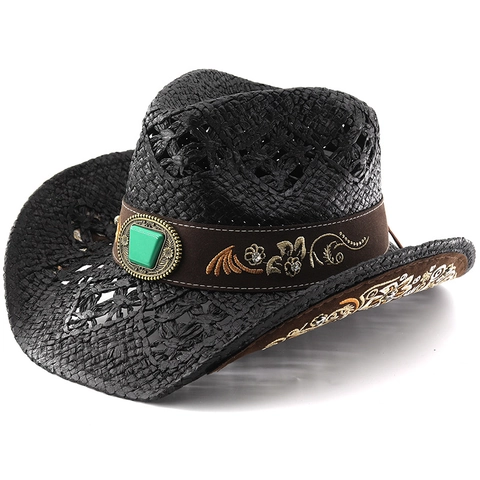 Chapeau De Cowboy Western Rétro En Paille Tissé Style Bohème Ethnique Avec Bande Brodée De Fausse Turquoise Protection Solaire Plage Été