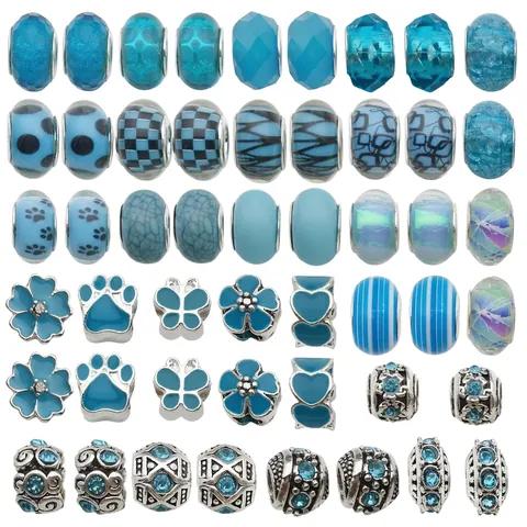 Lake Blue Resin Alloy Large Hole Beads For DIY Jewelry Making Enamel Rhinestone Beads Spacer Charms Floral Heart Patterns