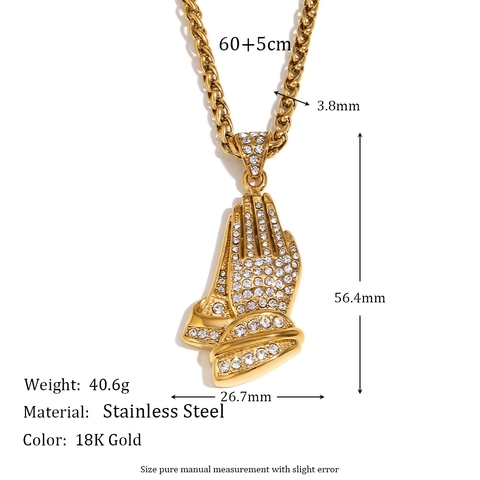 Praying Hands Pendant Necklace Stainless Steel Iced Out Rhinestone Hip Hop Retro Religious Jewelry For Men Gold Color