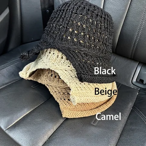 Sombrero De Pescador De Punto Para Mujer Crochet Sombrero De Sol Plegable Transpirable Verano Playa Color Sólido Casual