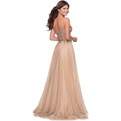 Lace Applique Chiffon Evening Gown High Slit Spaghetti Strap V Neck Sleeveless Formal Polyester Prom Dress For Women