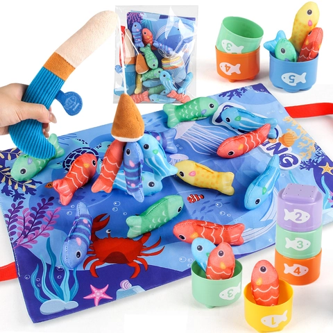 Montessori Fishing Game Stacking Cups Toy Toddler Educational Sensory Activity Mat Spiral Crib Hanging Rattles Plush