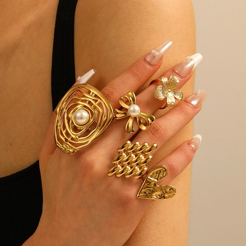 Stainless Steel Artificial Pearl Rhinestone Adjustable Open Ring For Women Sunflower Heart Bow Starfish Fashion Jewelry