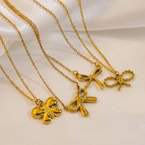 Bowknot Stainless Steel Jewelry For Women 14K Gold Plated Simple Elegant Stud Earrings And Pendant Necklace Gift Fashion