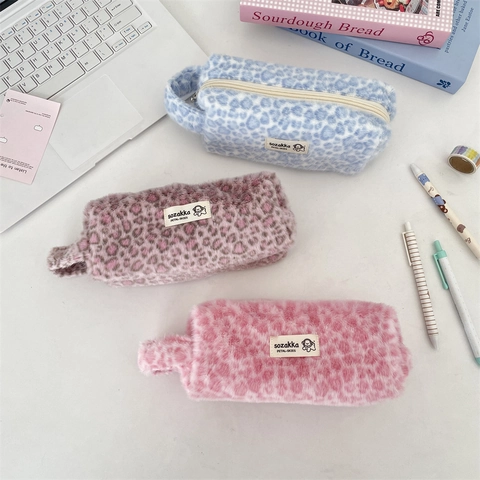 Plush Leopard Print Pencil Case Large Capacity Portable Faux Fur Stationery Pouch Makeup Bag With Zipper Handle For School