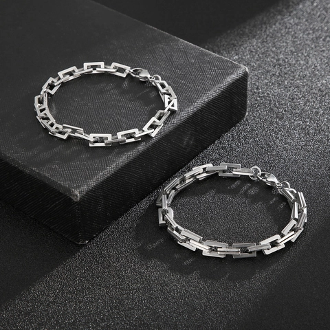 Rectangular Link Chain Necklace Men 316L Stainless Steel Polished Industrial Hip Hop Punk Rock Style Minimalist Jewelry