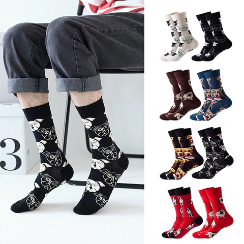 Crew Socks Cotton Blend Animal Pattern Cartoon Bulldog Pug Cat Head Print Casual Trendy Fun Fashion Footwear For Unisex