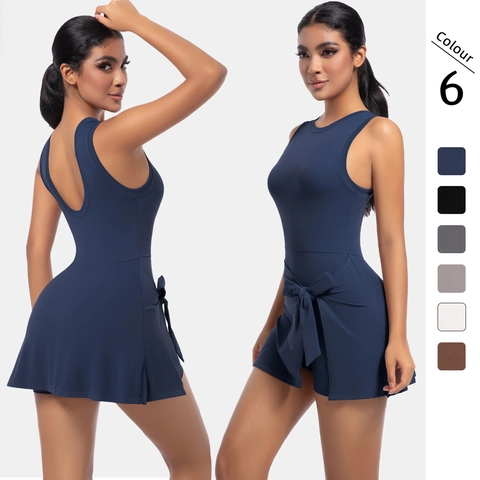 Dames Mouwloze Sportjurk Nylon Spandex Rugloos Tennis Golf Romper Met Taille Strik Wrap Rok Workout