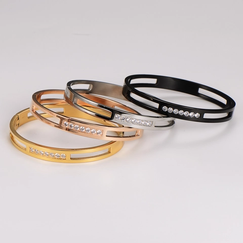 Bracciale Rigido In Acciaio Inossidabile Design Geometrico Con Strass Chiusura A Cerniera Gioielli Moda Donna