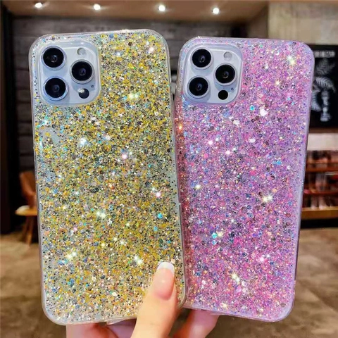 Funda de Teléfono de Resina Epoxi con Lentejuelas de Brillo de Cielo Estrellado Funda Trasera de Silicona Protectora para IPhone Antigolpes de Lujo