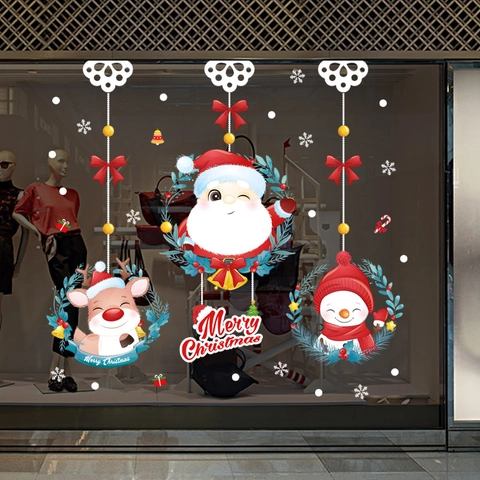 Christmas Window Stickers Santa Claus Reindeer Snowman Static Cling PVC Waterproof Glass Decals Holiday Home Decor