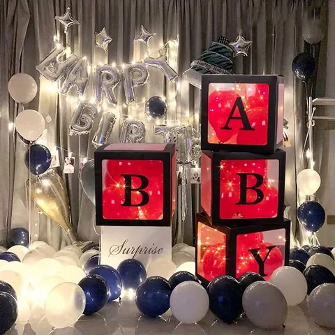 Scatola Per Palloncini Trasparente Con Lettere Decorative Per Baby Shower Compleanno Matrimonio Laurea Sfondo Festa Carta PVC Cubo Chiaro