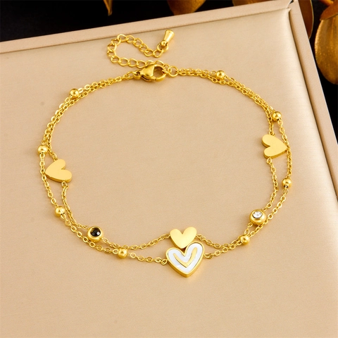 Double Layer Heart Anklet Stainless Steel Gold Plated White Enamel Pendant Rhinestone Beads Fashion Jewelry For Women