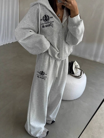 Donna Misto Cotone Felpa Con Cappuccio E Pantaloni Larghi Ricamo Lettere Felpa Con Zip Pantaloni Dritti Sportswear