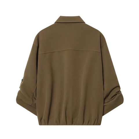 Women Bomber Jacket Brown Lapel Long Sleeve Casual Streetwear Short Outerwear Elastic Hem Metal Buckle Polyester