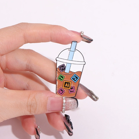 Funny Alloy Enamel Brooch Pin Set Creative Designer Milk Tea Cup Software Icons Quote Lapel Badge For Clothing Backpack