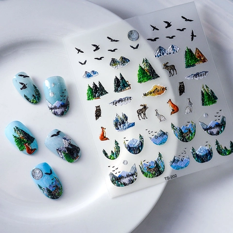 5D Embossed Nail Art Stickers Forest Fox Deer Snow Mountain Pattern Waterproof Self Adhesive Manicure Decoration