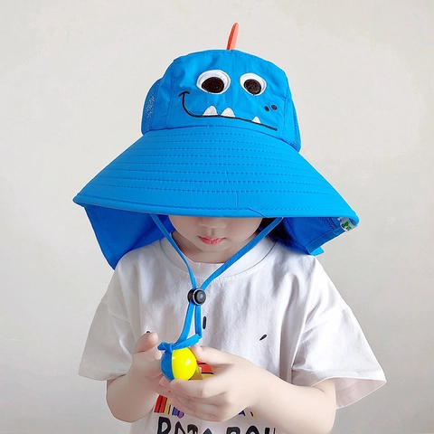 Kids Sun Protection Hat Polyester UPF 50 Plus Breathable Neck Flap Wide Brim Cartoon Animal Toddler Outdoor
