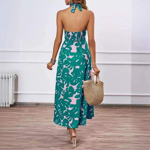 Abito Maxi Halter Poliestere Stampa Floreale Schiena Scoperta Vacanze Estive Spiaggia Stile Boho Donna