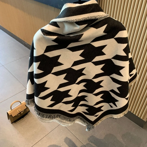 Grand Foulard Carré Pied De Poule Étoile Géométrique Châle En Faux Cachemire Avec Franges Épais Chaud Hiver Femmes