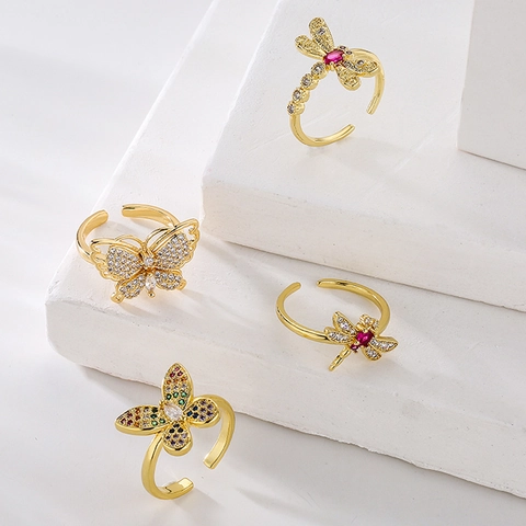 Butterfly Dragonfly Open Ring Copper Gold Plated Zircon Adjustable Insect Jewelry Trendy For Women