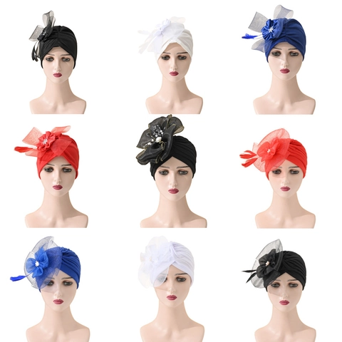 Women Turban Hat Pleated Headwrap With Mesh Flower Feather Artificial Pearl Retro Ethnic Elegant Headpiece For Formal Party Banquet