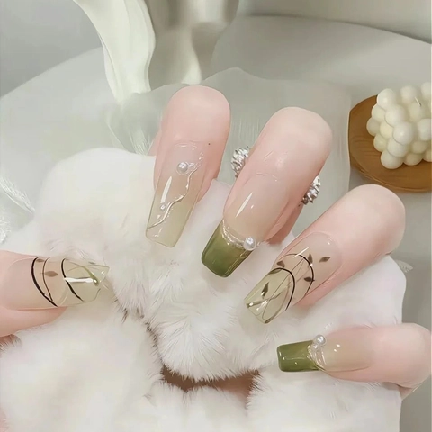 Uñas Postizas Artesanales Ataúd Largo Degradado Verde Blanco Con Perla Artificial Diseño Botánico Uñas Artificiales Para Mujeres