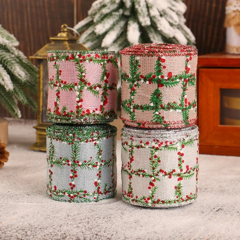 Rollo De Cinta Navideña De Lino Sintético Con Estampados De Bayas Y Pinos Para Envoltura De Regalos Y Manualidades