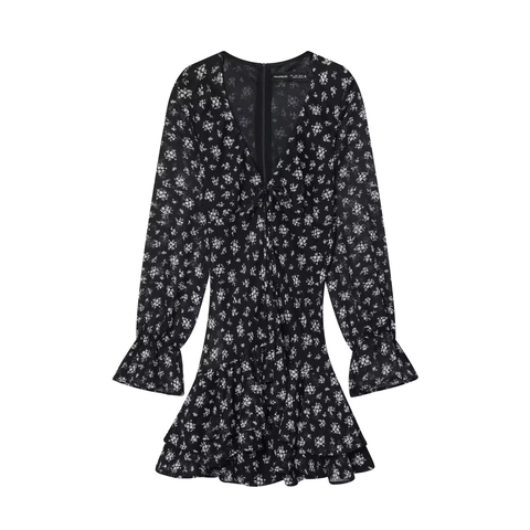 Bloemen Mini Jurk Dames Chiffon Lange Mouwen V-Hals Ruches Zoom Gelaagde Rok Elegant Zomer