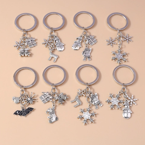 Porte Clés Métal Noël Halloween Alliage Zinc Flocon Neige Renne Père Noël Bonhomme Neige Pendentif Argent Vintage