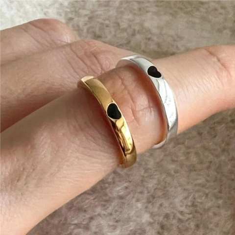Minimalist Geometric 925 Sterling Silver Ring With Black Heart Adjustable Finger Jewelry Gift For Women Girls