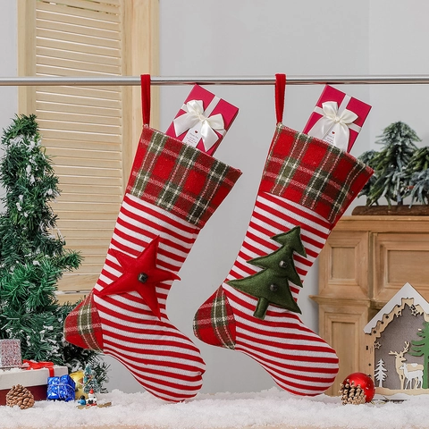 Knitted Christmas Stocking Gift Bag Plaid Striped Star Tree Hanging Pendant Festive Holiday Home Party Decoration
