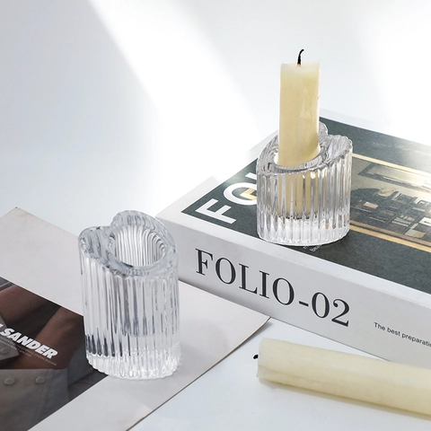 Heart Shaped Ribbed Glass Candle Holder And Scented Taper Dinner Candles Minimalist Home Decor Centerpiece