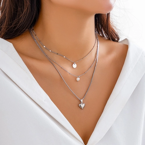 Mode Collier de Perles Artificielles à Plusieurs Couches pour Femmes Alliage Strass Étoile Lune Cœur Pendentif Rétro Or Argent Colliers Multicouches Bijoux