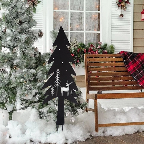 Picchetti Da Giardino Albero Di Natale Metallo Nero Ferro Silhouette Renna Design Cavo Decorazione Prato Esterna