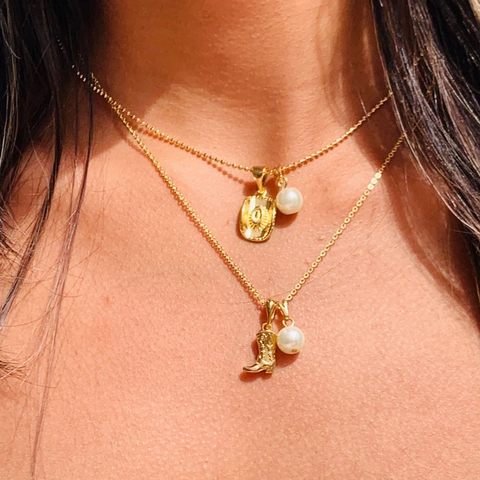 Collar Vintage con Colgante de Botas de Vaquero y Sombrero con Dijes de Concha de Perla Artificial Oro Joyas de Cobre para Mujer