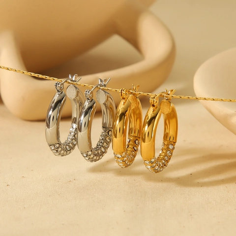 Luxury Stainless Steel Hoop Earrings For Women Pave Rhinestone Geometric Fashion Round Minimalist Daily Party Jewelry Gift