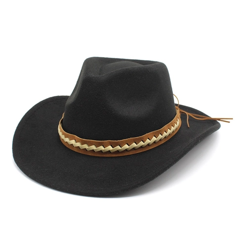 Vintage Western Cowboy Hat Wide Brim Wool Felt Fedora With Woven Belt And Tassels For Outdoor Fashion