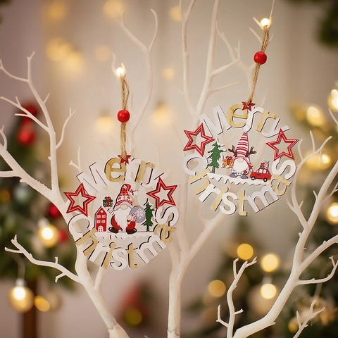 Ornamenti Natale Pendenti Tondi Legno Cavi Merry Christmas Gnomo Scritte Decorazione Da Appendere
